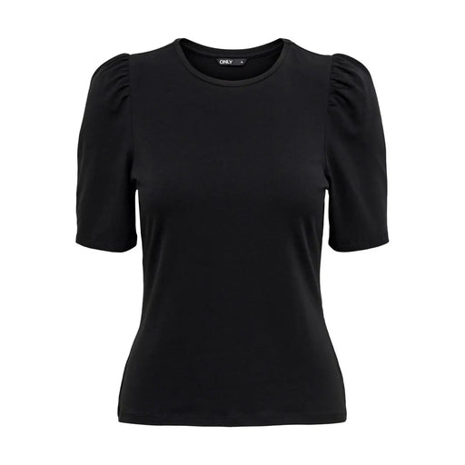 Black cotton short sleeve t shirt with puffed sleeves and round neck by Only Women featuring brand label