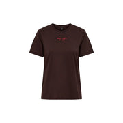 Only women cotton short sleeve round neck t shirt brown with subtle red embroidered phrase on the chest