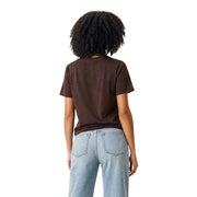 A dark brown short sleeve cotton t shirt for women with a round neck and simple crew neck design