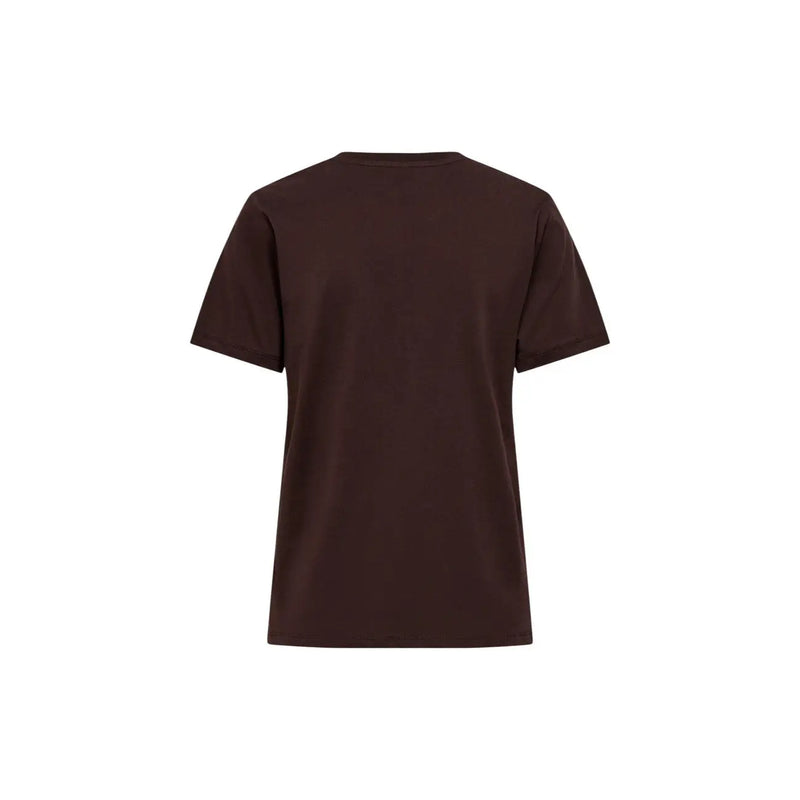 Only women cotton short sleeve round neck t shirt in plain dark brown with a simple crew neck design
