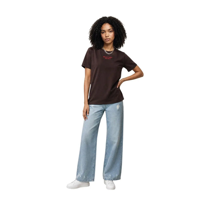 Brown cotton short sleeve round neck t shirt for women with a small red embroidered logo on the chest