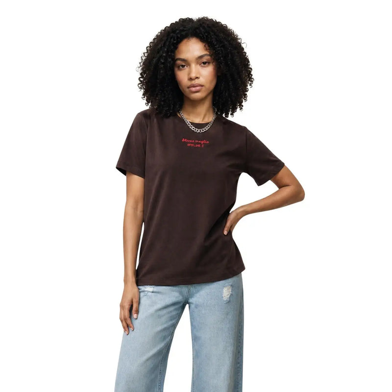 Brown only women cotton short sleeve round neck t shirt with red embroidered text across the chest
