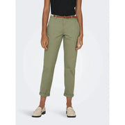 Olive green cotton slim fit chino trousers with rolled cuffs and matching belt from Only Women collection