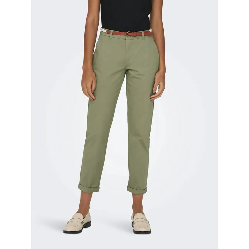 Olive green cotton slim fit chino trousers with rolled cuffs and matching belt from Only Women collection