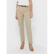 Beige cotton chino trousers with a brown belt and rolled cuffs in green slim fit with zip button design for women