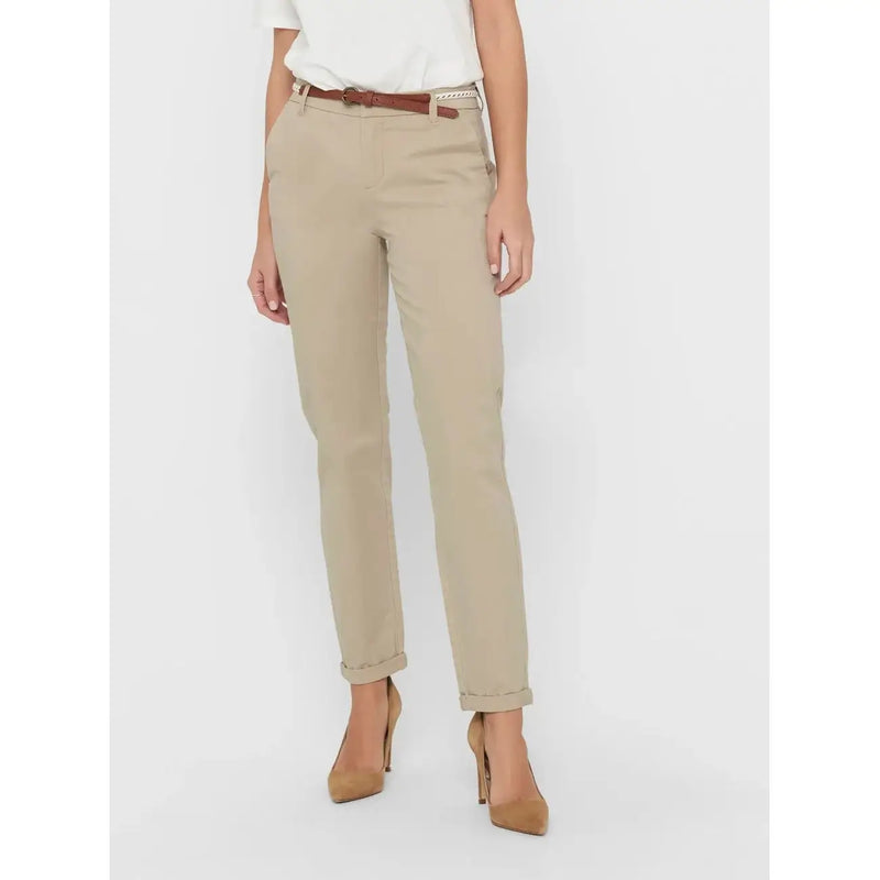 Beige cotton chino trousers with a brown belt and rolled cuffs in green slim fit with zip button design for women