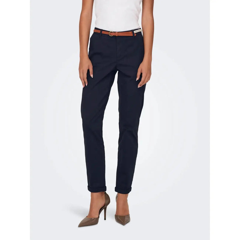 Navy blue tailored cotton trousers with rolled cuffs and brown belt, slim fit design for women by Only