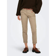 Khaki slim fit cotton chino pants for women with rolled cuffs and zip button closure by only