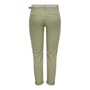 Only women cotton olive green slim-fit trousers with zip button closure white woven belt and rolled cuffs