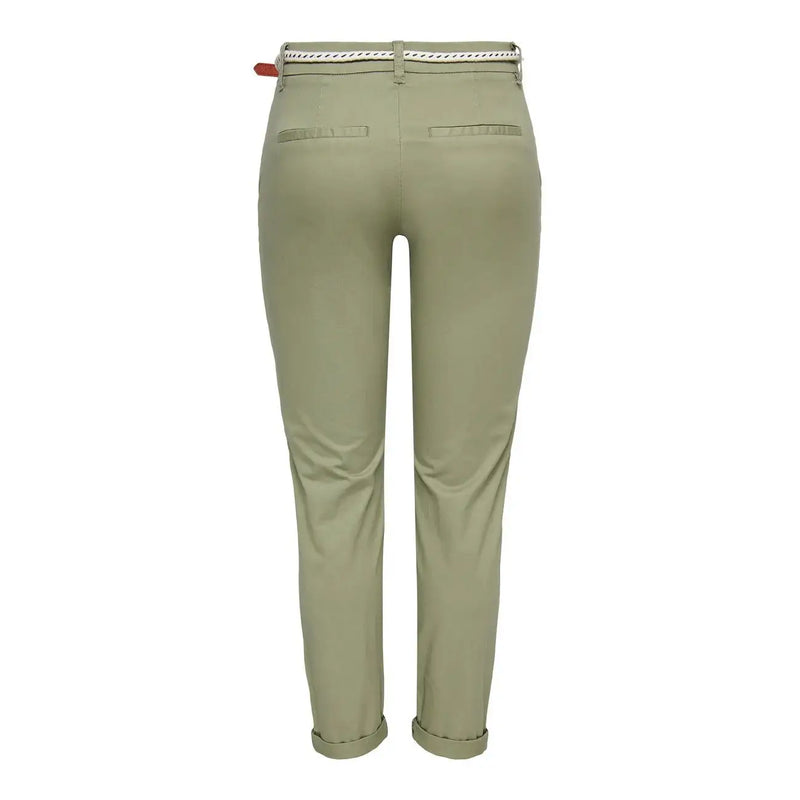 Only women cotton olive green slim-fit trousers with zip button closure white woven belt and rolled cuffs