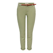 Olive green slim fit cotton chino pants for women with rolled cuffs and brown leather belt only women 15218519