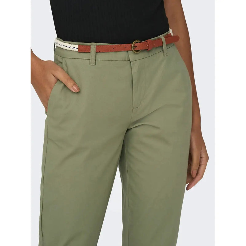 Olive green slim fit cotton chino trousers for women with a brown leather belt featuring braided white accent and gold buckle