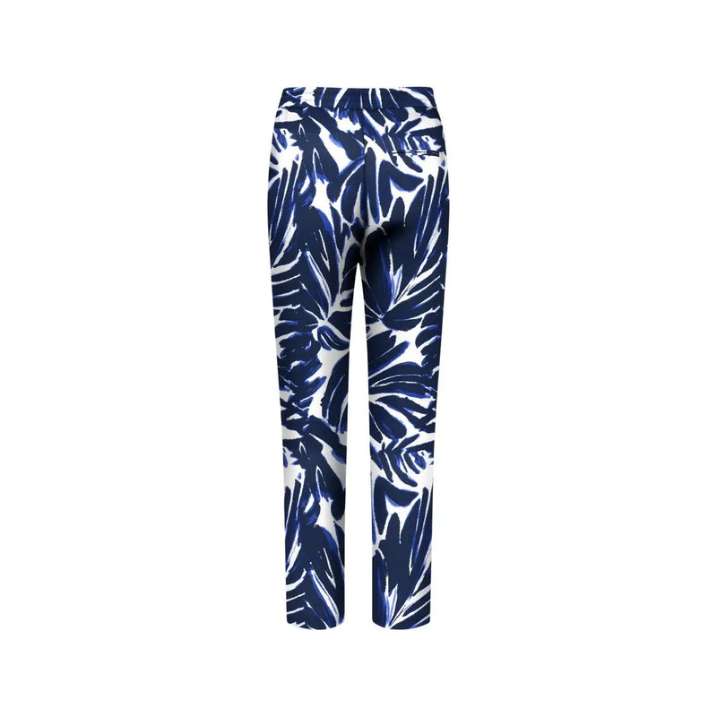 Blue and white tropical leaf patterned womens viscose trousers with front pockets by Only Women