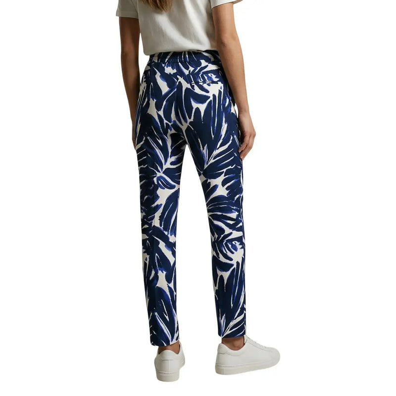 Only women floral blue viscose trousers with white tropical leaf pattern and front pockets for casual wear