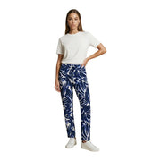 Only women floral blue viscose trousers with blue and white tropical leaf pattern and front pockets