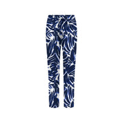 Blue and white tropical leaf patterned viscose drawstring trousers with front pockets by only women
