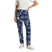 Only women floral blue viscose trousers with blue and white tropical leaf pattern and drawstring waist with front pockets