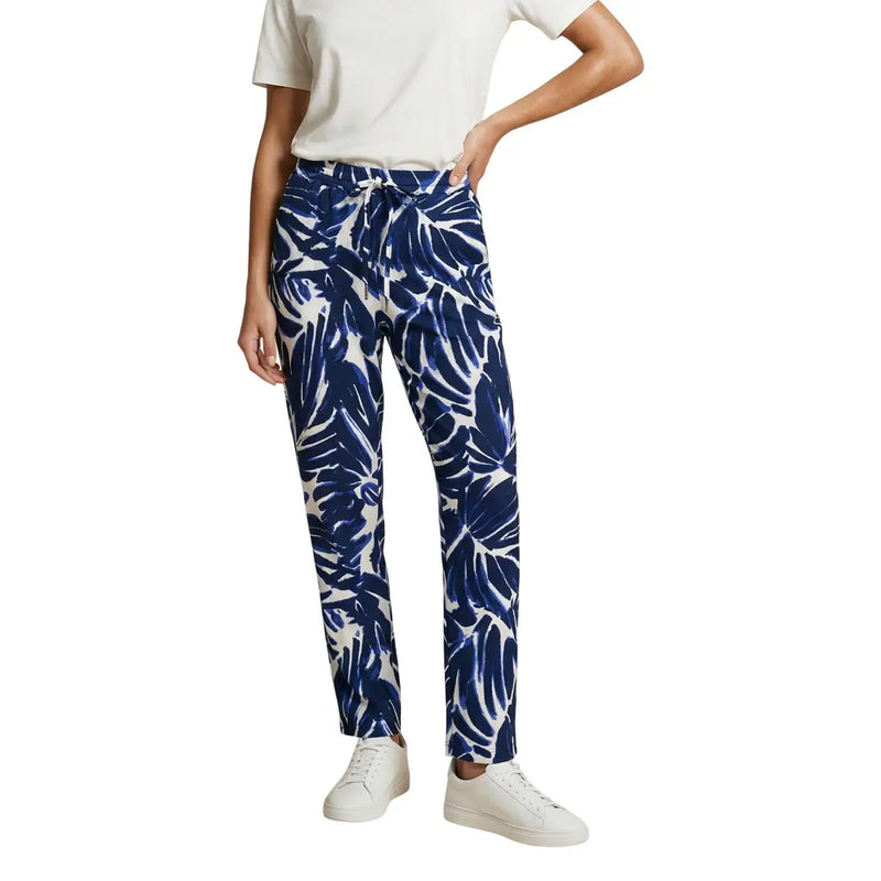 Only women floral blue viscose trousers with blue and white tropical leaf pattern and drawstring waist with front pockets