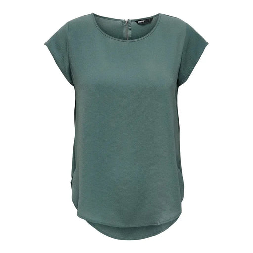 Only Grüne Damenbluse mit kurzen Ärmeln aus Polyester, gefertigt aus weichem, salbeigrünem Stoff mit dezenter Struktur und abgerundetem Halsausschnitt.