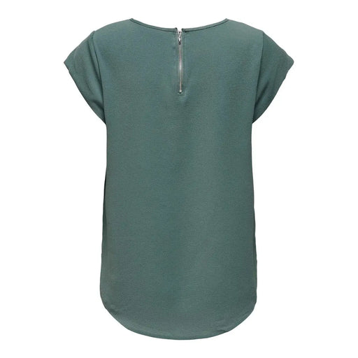 Only Grüne, kurzärmelige Damenbluse aus Polyester in einem sanften Salbeigrün mit strukturiertem Stoff und sichtbarem silbernen Reißverschluss am Rücken.