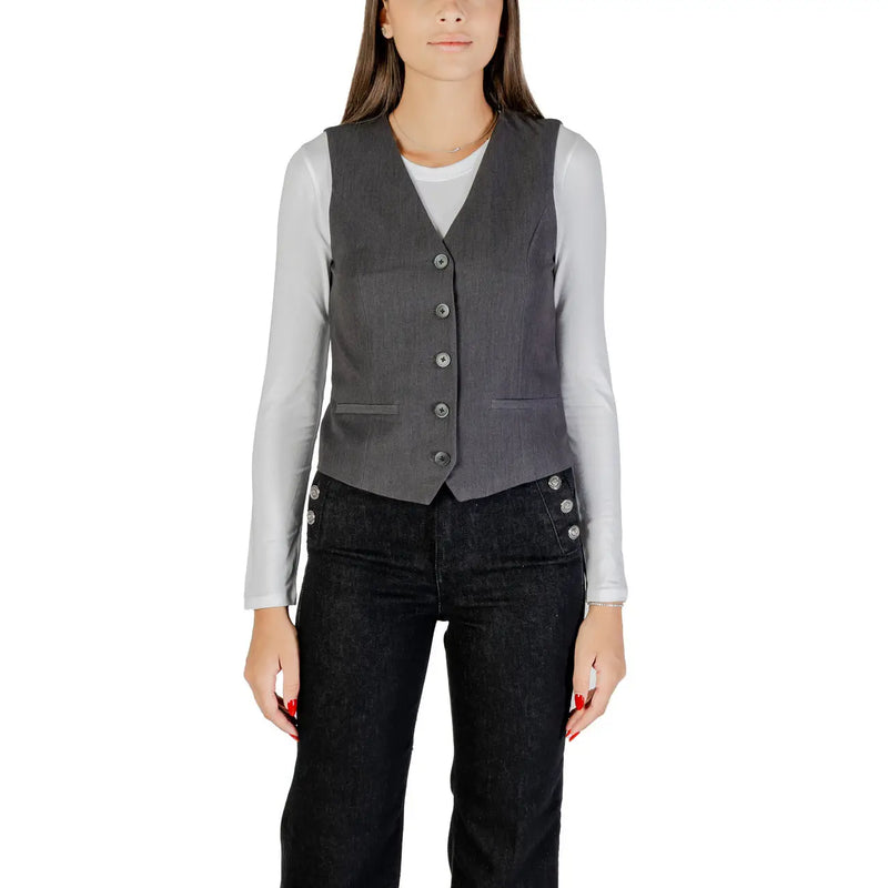 Only women grey button v neck gilet in polyester blend with subtle texture and five matching buttons
