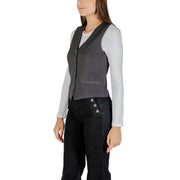 Only women grey polyester blend v neck gilet with five buttons and a textured front pocket vest