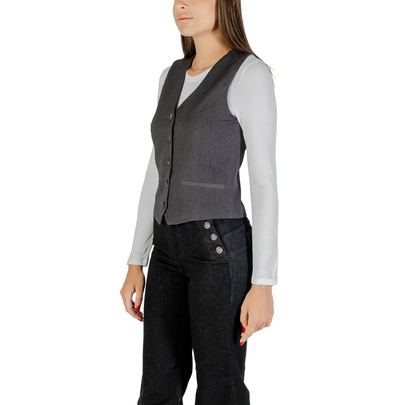 Only women grey polyester blend v neck gilet with five buttons and a textured front pocket vest