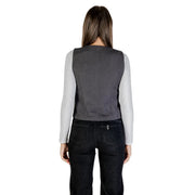 Only women grey button v neck polyester blend gilet worn over a light grey long sleeved shirt front view