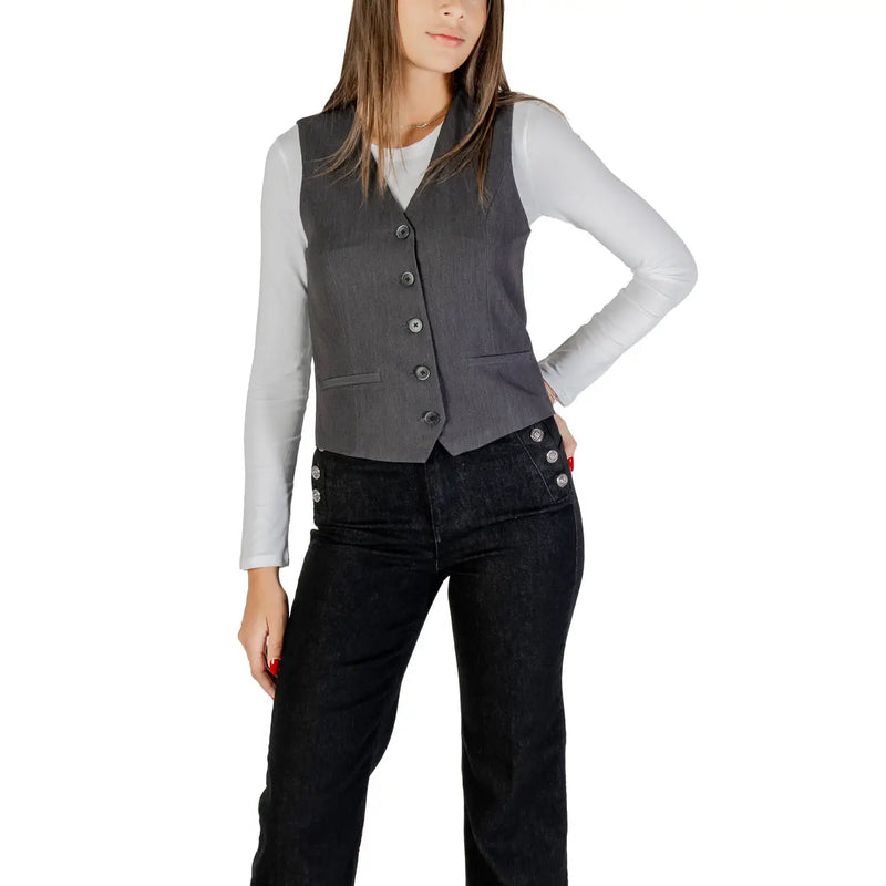 Only women grey button v neck gilet polyester blend with tailored fit and subtle texture in sleek dark gray color