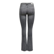 Dark gray cotton stretch denim flare jeans with slightly faded wash and classic back pockets showing the back side