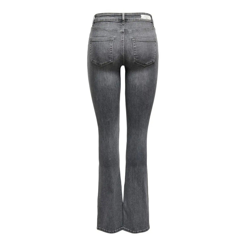 Dark gray cotton stretch denim flare jeans with slightly faded wash and classic back pockets showing the back side