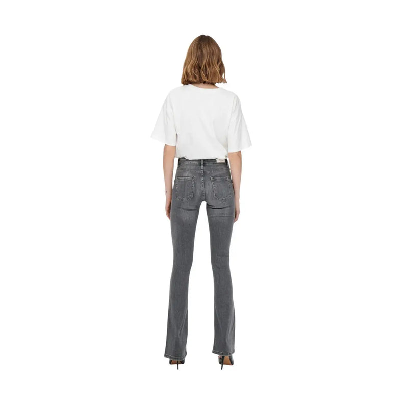 Only women grey cotton stretch jeans with high-waisted fit flared design and subtle fading details in dark gray