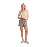 Beige sleeveless top with a soft fitted silhouette and subtle scoop neckline paired with only women grey polyester tailored shorts