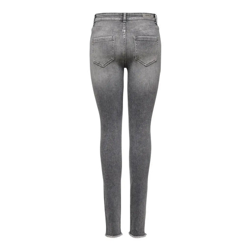 Only Jean gris en coton stretch pour femme, vu de dos, coupe slim, couleur délavée, ourlet effiloché et poches classiques.