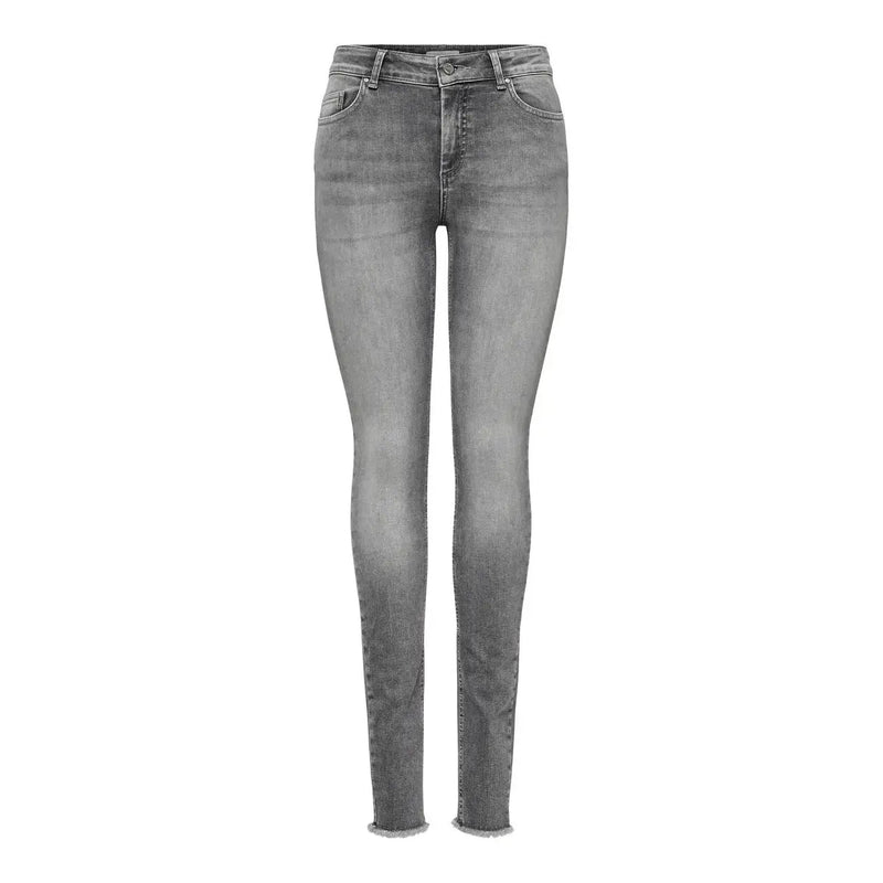 Only Graue Damen-Jeans aus Stretch-Baumwolle mit schmaler Passform, hohem Bund, verwaschener Optik, ausgefransten Säumen und klassischen Denim-Nähten