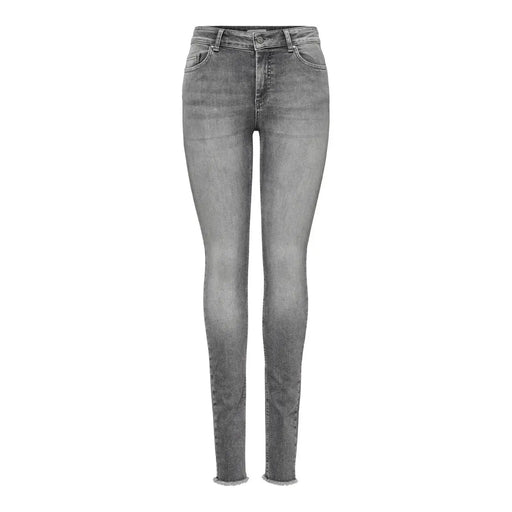 Only Jean slim taille haute en coton stretch gris pour femme, avec ourlets effilochés et coutures denim classiques.
