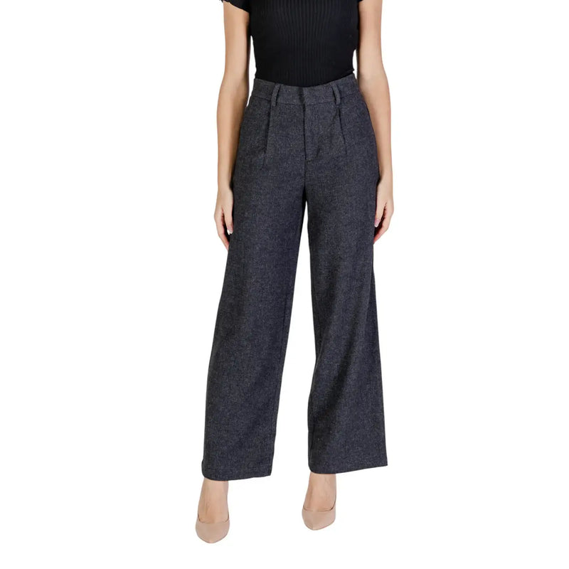 Only women grey wool blend wide-leg trousers with high waist and subtle textured pattern for fall winter slim fit