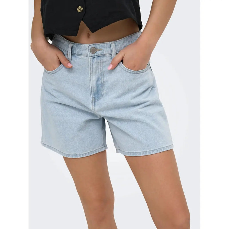 Only women light blue cotton blend denim shorts with a light-wash finish classic five-pocket design and button closure
