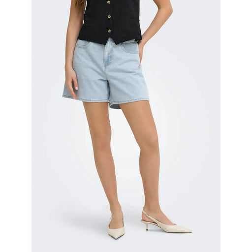 Only Women light blue cotton blend denim shorts with light wash five-pocket design and button closure