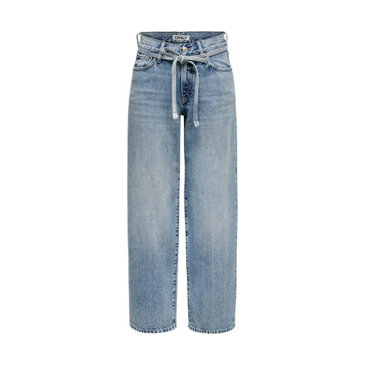 Only Jean en coton bleu clair pour femme, taille haute avec cordon de serrage et coupe droite classique en denim délavé clair