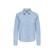 Light blue cotton long-sleeved polo shirt for women with white bow and pearl detail at the front by Only Women