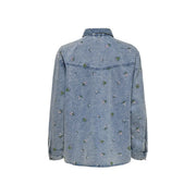 Only Women light blue cotton long shirt with round neck and delicate pink and green floral embroidery
