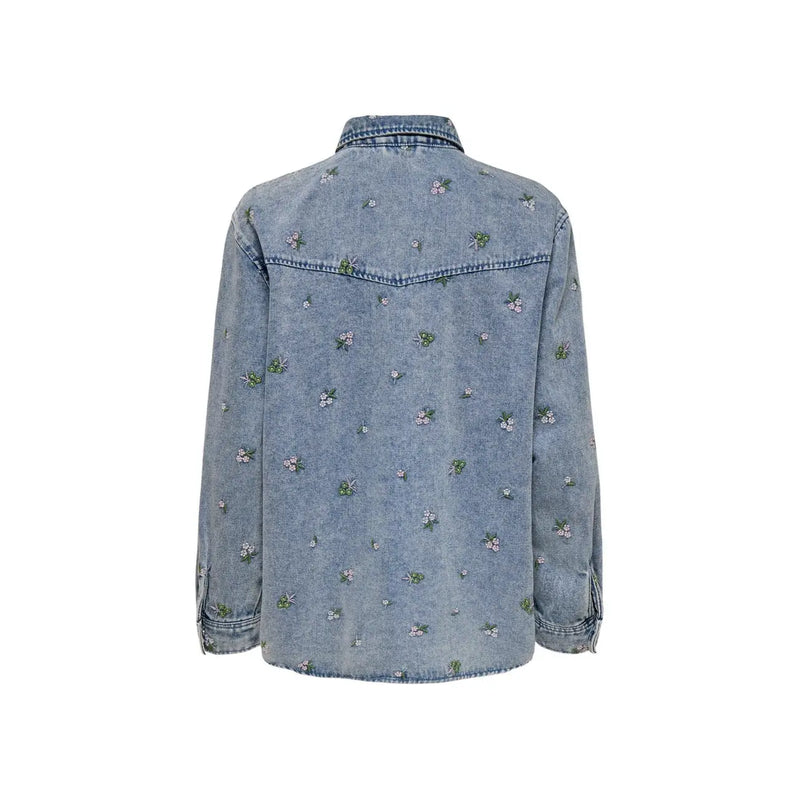 Only Women light blue cotton long shirt with round neck and delicate pink and green floral embroidery