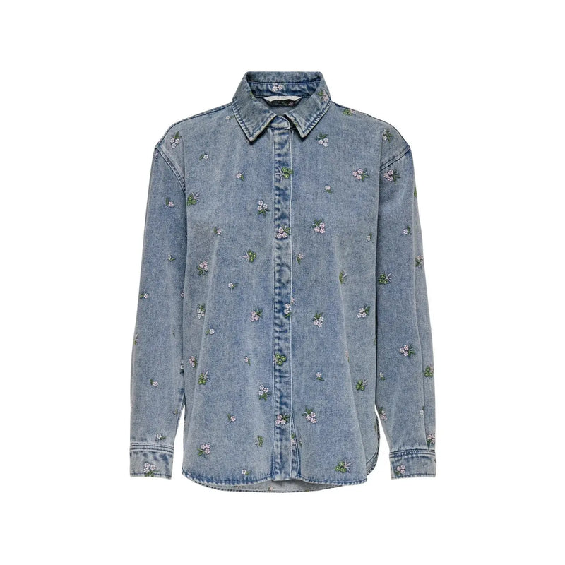Only women light blue denim cotton long shirt with delicate pink and green floral embroidery and round neck design