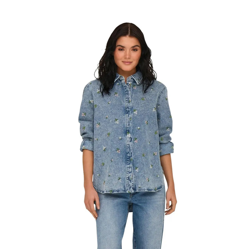 Only women light blue floral cotton long shirt with delicate green and white floral embroidery button-up design