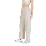 Beige linen blend trousers for women high-waisted straight-leg with sleek tailored fit front and back pockets visible