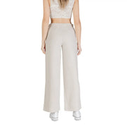 Beige high-waisted wide-leg linen blend trousers by Only women with smooth fabric and elastic waistband