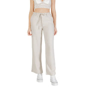 Beige wide-leg linen viscose trousers with drawstring waist and soft flowing fabric for spring summer wear
