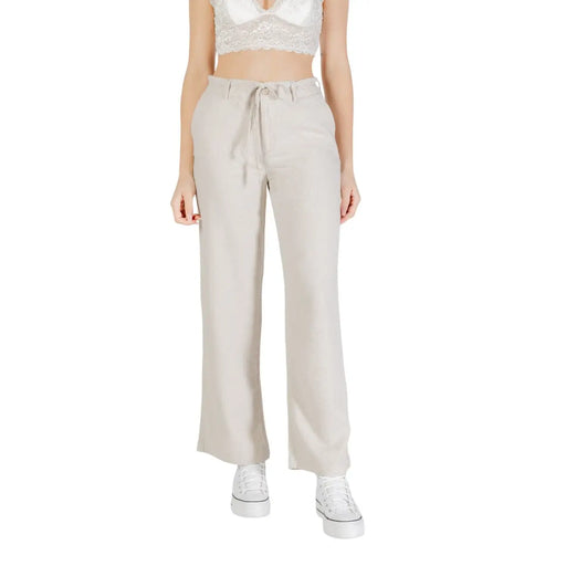 Beige wide-leg linen viscose trousers with drawstring waist and soft flowing fabric for spring summer wear
