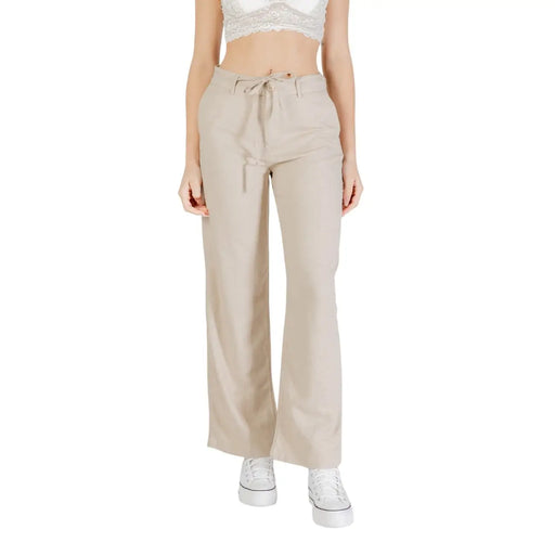 Beige Leinen-Viskose-Hose mit weitem Bein für Damen, Kordelzug im Bund und dezenten Bundfalten vorne von Only Frühling Sommer